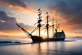 Old Wooden Ship At Sea Pirate Ship Oceanfaring Vessel