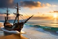 Old Wooden Ship At Sea Pirate Ship Oceanfaring Vessel