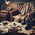Old office space covered in papers and coat with vintage typewriters and sofas. Nostalgic and memorable., Royalty Free Stock Photo
