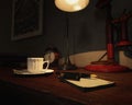 Old office table with fountain pen, notepad, coffee cup, lamp, clock, red candlestick telephone and books.