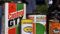 Old Oil jars cans at Farming Trade stalls at Shanes Castle Day Steam Rally 1 May 2022