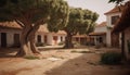 Old olive tree stands tall in rural Mediterranean courtyard at dusk generated by AI