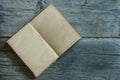 Old open book with blank pages on wood table. Space for text Royalty Free Stock Photo