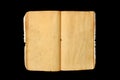 An old open book with blank yellow stained pages isolated on black background Royalty Free Stock Photo