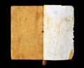 An old open book with blank yellow stained pages isolated on black background Royalty Free Stock Photo