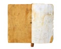 An old open book with blank yellow stained pages isolated on white background Royalty Free Stock Photo