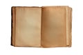 An old, battered, open book with yellowed pages on a white background Royalty Free Stock Photo