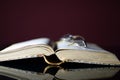 Old open book and glasses. Royalty Free Stock Photo