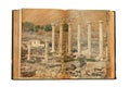 Old open book. Image of ruins and columns in ancient Roman city. Bet She`an National Park, Israel.