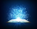 Old open book with magic light and falling stars Royalty Free Stock Photo