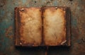 Old open book with weathered brown pages and cracked texture rests on rusty metal surface. Ancient diary, blank template for Royalty Free Stock Photo