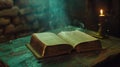 Old open book on a wooden table. Ethereal pages and candle. Fabulous magic atmosphere. Ancient library, antique Royalty Free Stock Photo
