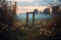 An old open door in a meadow opens the way to a long forgotten land Royalty Free Stock Photo