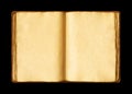 Old open medieval book with worn parchment pages. Isolated on black background Royalty Free Stock Photo