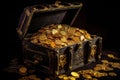 Old open pirate treasure chest full of golden coins. Generative AI Royalty Free Stock Photo