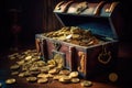 Old open pirate treasure chest full of golden coins. Generative AI Royalty Free Stock Photo