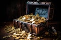 Old open pirate treasure chest full of golden coins. Generative AI Royalty Free Stock Photo