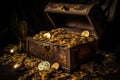 Old open pirate treasure chest full of golden coins. Generative AI Royalty Free Stock Photo