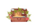 Old open suitcase with a raincoat and palm trees inside. Vector illustration on white background. Royalty Free Stock Photo