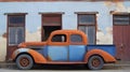 an old orange and blue truck parked in front of a blue and white building with two doors and a brown door handle on the side of