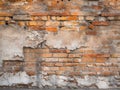 Old orange brick wall texture with damaged plaster and signs of aging, rustic background. Royalty Free Stock Photo