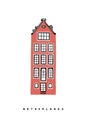 Old orange house of Amsterdam, Netherlands. Hand-drawn poster, cover, postcard and banner template. Vector illustration