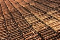 Old orange tiles covered with green moss. Rusted red brick roof. Royalty Free Stock Photo