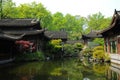 Old oriental structures with garden and fish pond