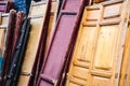 old oriental wooden door panels are leaning on brick wall Royalty Free Stock Photo