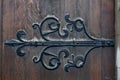 Old ornate cast iron door hinge and knocker on wooden door Royalty Free Stock Photo