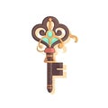 old ornate golden decorative key, vintage design element, isolated object, close-up, top view, flat lay on sample white Royalty Free Stock Photo