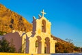 Old orthodox church bell tower at sunrise Kamari village Santorini Greece Royalty Free Stock Photo