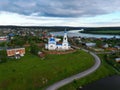 an old Orthodox church village on the river bank.bird& x27;s-eye view Royalty Free Stock Photo