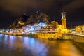 Old Ottoman houses evening colorful lights view by the Yesilirmak River in Amasya City. Amasya is populer touristic destination