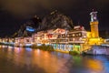 Old Ottoman houses evening colorful lights view by the Yesilirmak River in Amasya City. Amasya is populer touristic destination