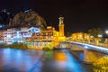 Old Ottoman houses evening colorful lights view by the Yesilirmak River in Amasya City. Amasya is populer tourist destination in a