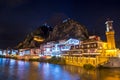 Old Ottoman houses evening colorful lights view by the Yesilirmak River in Amasya City. Amasya is populer tourist destination in a