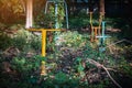 Old outdoor exercise equipment so worn out and covered in trees in outdoor exercise park. Old abandoned gym equipment on sports Royalty Free Stock Photo