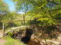 The old packhorse bridge at lumb hole falls a waterfall in woodland at crimsworth dean near pecket well in calderdale west Royalty Free Stock Photo