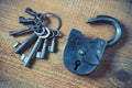 Old padlock and a bunch of keys Royalty Free Stock Photo