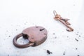 Old padlock with keys on white background, rusty, retro objects