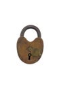 old rusty metal padlock, a vintage brass and iron padlock, isolated on clean white background Royalty Free Stock Photo