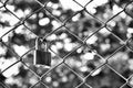 Old padlock with metal mesh fence with bokeh background in black and white photography, Sadness love concept Royalty Free Stock Photo