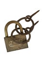 Old weathered grunge rusty locked padlock with rings