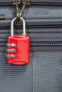 Old padlock security 3 combination travel blue suitcase with cop Royalty Free Stock Photo