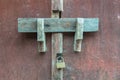 Old padlock on a wooden door Royalty Free Stock Photo