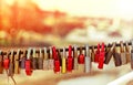 Old padlocks on bridge railing Royalty Free Stock Photo