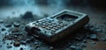 Old pager lies in rubble, representing obsolete tech. Breakdown, disintegration, decay. Outdated communication device damaged, Royalty Free Stock Photo