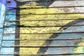 Old Paint Blue And Yellow Color On A Dirty Wooden Surface Royalty Free Stock Photo