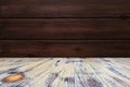 Old painted washed oak wood table on the blurry brown wood wall background, wooden table